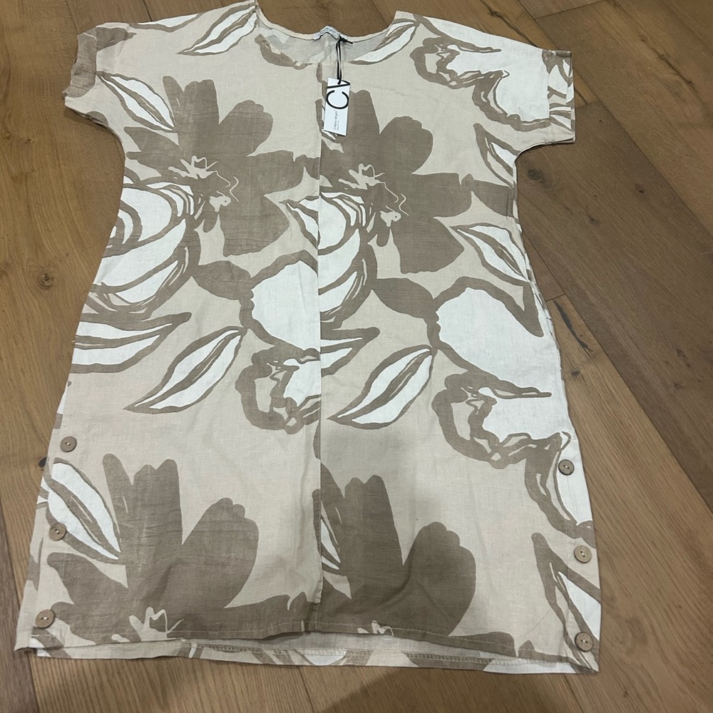 Floral Beige and Brown Short Sleeve linen dress